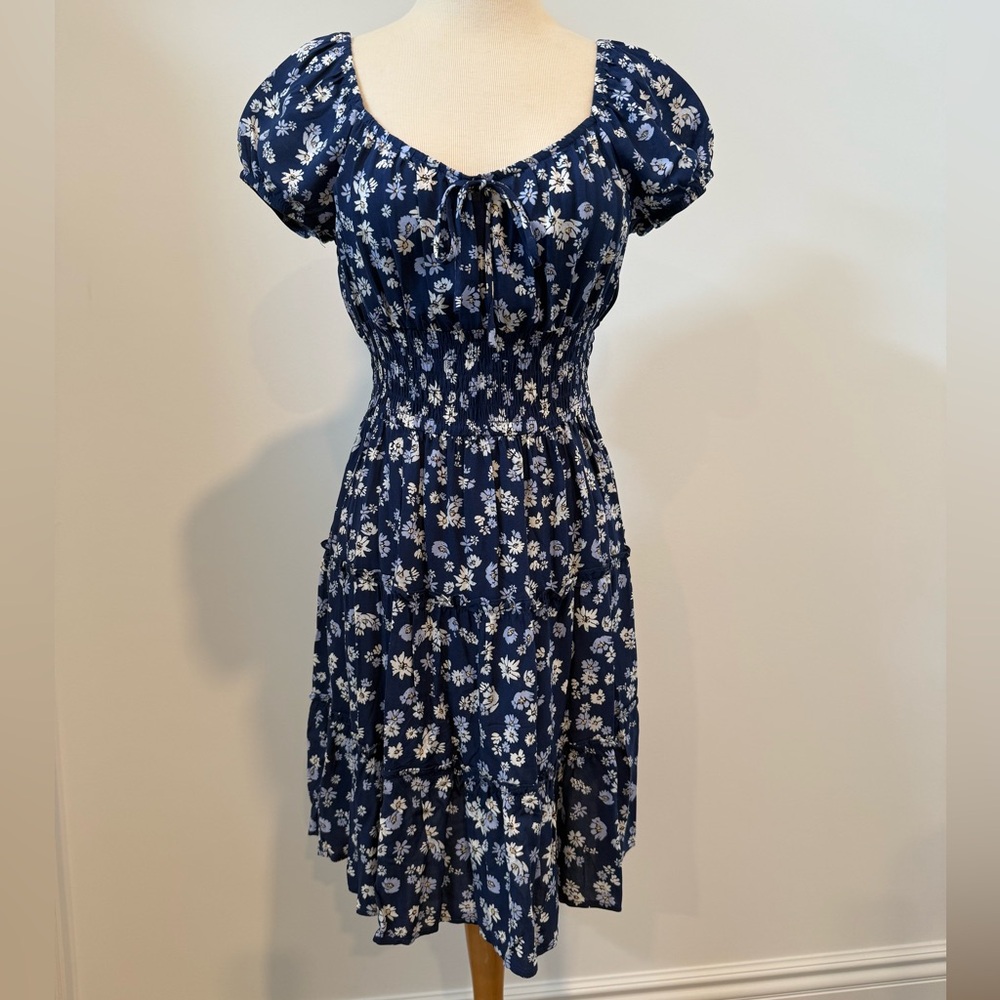 by & by Blue and White Mini Sundress with Puff Sleeves